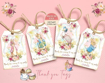 Peter Rabbit Verjaardagsfeest Bedankt Tags, Gepersonaliseerde Beatrix Potter Party Decor, Peter Rabbit Verjaardagsfeest Gunst Tags, Afdrukbare Tags