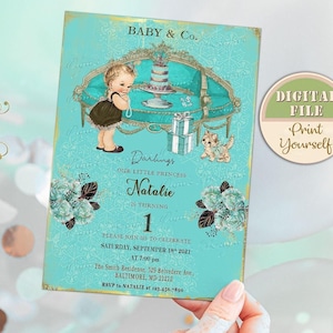 Verjaardagsuitnodiging Baby & Co. gepersonaliseerd, ontbijt bij Tiffany's, blauwe Parijs babyuitnodiging, babyshoweruitnodiging, digitaal bestand