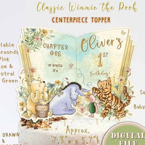 Pièce maîtresse de gâteau de livre classique ourson personnalisé, Winnie l'ourson Baby Shower Topper, imprimable ourson 1er anniversaire Topper, décor de fête ourson 06