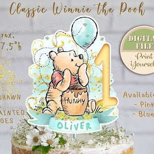 Personalizzato classico Winnie torta centrotavola, stampabile Pooh 1 ° compleanno Topper, Winnie the Pooh centrotavola, Pooh Birthday Party Decor, 03