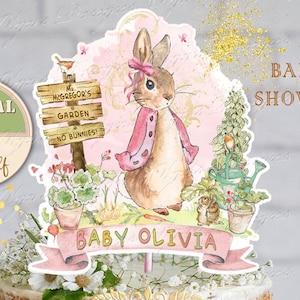 Decorazione per torta per baby shower Peter Rabbit, centrotavola per baby shower Flopsy Bunny, festa per baby shower Flopsy Bunny, festa per baby shower digitale, PR4