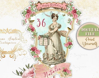 Jane Austen Personalized Centerpiece, Tea Party, Bridal Shower Party, Regency Era Cake Topper, Jane Austen Birthday Party Digital File No 2A