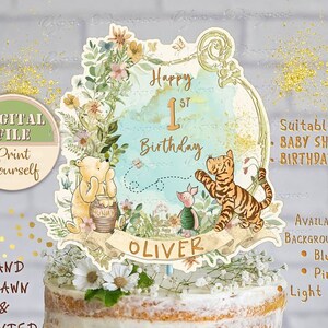 Personalized Classic Pooh Cake Centerpiece, Winnie the Pooh Baby Shower Topper, Printable Pooh 1st Birthday Topper, Pooh Party Decor, 06-07