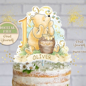Personalized Classic Winnie Cake Centerpiece, Printable Pooh 1st Birthday Topper, Winnie the Pooh Centerpiece, Pooh Birthday Party Decor, 07