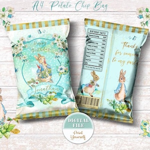 Sacchetto di patatine Peter Rabbit, bomboniere personalizzate e stampabili Peter Rabbit, bomboniere per feste di compleanno, sacchetto di patatine Peter Rabbit