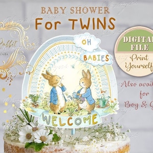 Peter Rabbit Baby Shower per TWINS Babies Cake Topper, Peter Rabbit Baby Shower TWINS Centrotavola, Digital Peter Rabbit Babies Shower, PR3