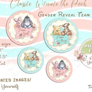 Classico Winnie the Pooh Gender Reveal adesivi Team Boy Team Girl, Indovina il genere, Winnie the Pooh Gender Reveal adesivi digitali, 03-09