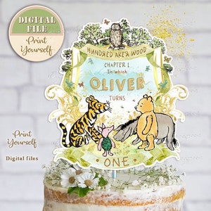 Centrotavola personalizzato Classic Winnie Cake, Topper di compleanno stampabile, centrotavola Winnie the Pooh, decorazione per feste di 1 ° compleanno 02