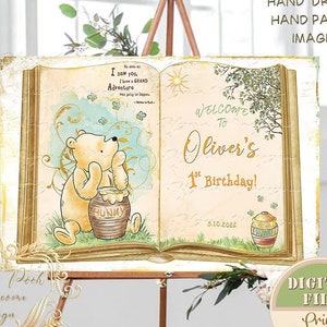 Personalized Classic Winnie the Pooh Book Welcome Sign, Printable Pooh 1st Birthday Party Sign, Pooh Digital Welcome Sign, 03-07