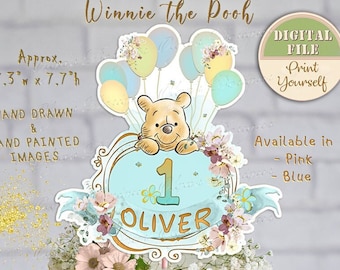 Classic Winnie Cake Topper, Winnie the Pooh Centerpiece, Pooh 1st Birthday Centerpiece, Personalized Pooh Birthday Party Decor, Printable 09