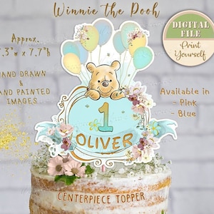 Classico Winnie Cake Topper, Winnie the Pooh centrotavola, Pooh 1o compleanno centrotavola, personalizzato Pooh Birthday Party Decor, stampabile 09