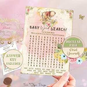 Classic Winnie the Pooh Baby Shower Game Word Search, Pooh Diaper Party Game, Pooh Baby Shower, Winnie Baby Game, Printable 5&quot;x7&quot; file, P03