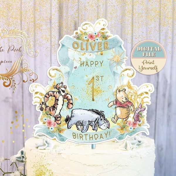 Personalizzato classico Winnie the Pooh torta centrotavola, topper torta di compleanno classico Pooh, centrotavola torta Pooh, 1 ° compleanno festa Decor 03