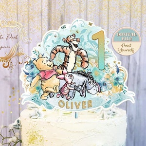 Personalized Classic Winnie Cake Centerpiece, Pooh Printable Birthday Topper, Winnie the Pooh Cake Topper, Pooh 1st Birthday Party Decor 05