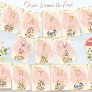 Klassisches Winnie the Pooh 1. Geburtstagsbanner, Winnie 1. Geburtstag, Pooh Geburtstagspartybanner, Winnie Partydekorationen, druckbares Banner P03