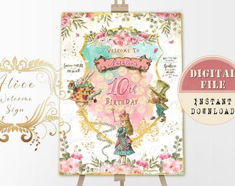 Personalized Alice in Wonderland Welcome Sign, Birthday Sign, A3 Printable, Alice Watercolor Centerpiece No 15, Birthday Party Decor