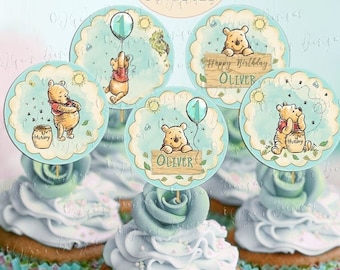 Winnie the Pooh Birthday Cupcake Toppers, Personalized (Digital files)