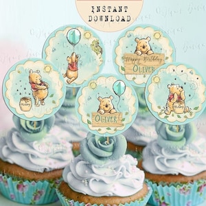 Classici topper per cupcake di compleanno di Winnie the Pooh, topper per cupcake di Pooh personalizzati, topper rotondi di Pooh stampabili da 2"x2", file digitali 03