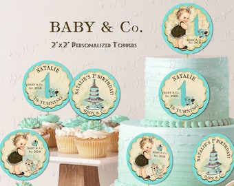 Personalized Baby & Co. Cake Toppers, Breakfast at Tiffany's 1st Birthday Party toppers, Baby and Co. Tags, Blue Paris Birthday Party decor