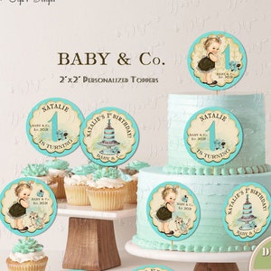 Personalized Baby & Co. Cake Toppers, Breakfast at Tiffany&#39;s 1st Birthday Party toppers, Baby and Co. Tags, Blue Paris Birthday Party decor