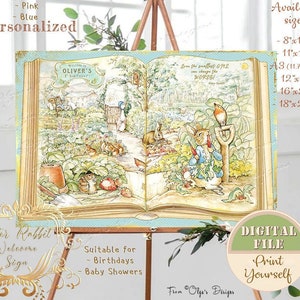 Peter Rabbit Buch Willkommen Zeichen, Peter Rabbit Geburtstag Zeichen, Flopsie Bunny Baby Shower Party Zeichen, druckbares digitales Schild, PR4