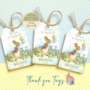Etichette di ringraziamento per la festa di compleanno di Peter Rabbit, decorazioni personalizzate per feste di Beatrix Potter, etichette per bomboniere di compleanno Peter Rabbit n. 04, etichette stampabili