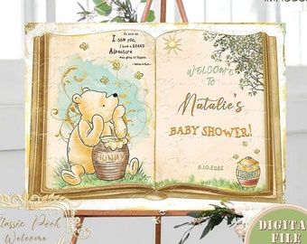 Personalized Classic Winnie the Pooh Book Welcome Sign, Printable Pooh Baby Shower & Birthday Party Sign, Pooh Digital Welcome Sign, 03-07