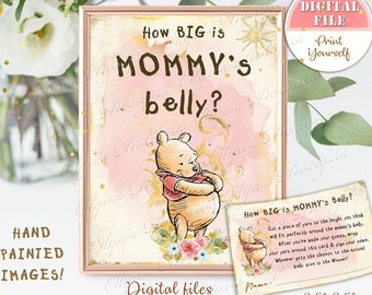 Classic Winnie the Pooh Baby Shower Game Sign How Big is Mommys Belly, Pooh Birthday Party Game, Pooh Baby Shower Game Sign & Cards P03