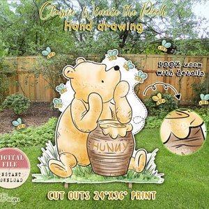 Decoración clásica recortable de Winnie the Pooh, Pooh clásico con abejas, decoración de baby shower de Winnie, decoración de pie para fiesta de cumpleaños de Pooh, recorte digital, 07