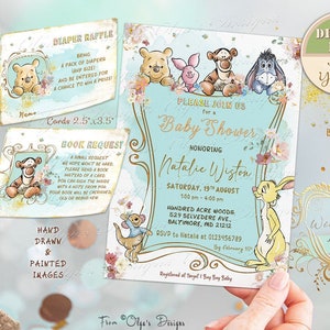 Klassieke Winnie de Pooh babyshower uitnodigingsbundelpakket, boekverzoek, luierloterijkaarten, gepersonaliseerde Pooh babyluierfeestje, 09