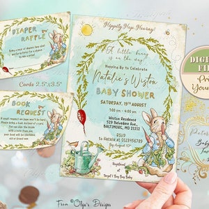 Peter Rabbit Baby Shower Uitnodiging Bundel Pack, Beatrix Potter Boek Aanvraag, Luier Loterij kaarten, Gepersonaliseerde Peter Rabbit Baby Party, PR4
