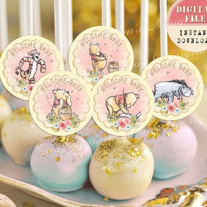 Adornos para tarta de baby shower de Winnie the Pooh, tema clásico (descarga digital)