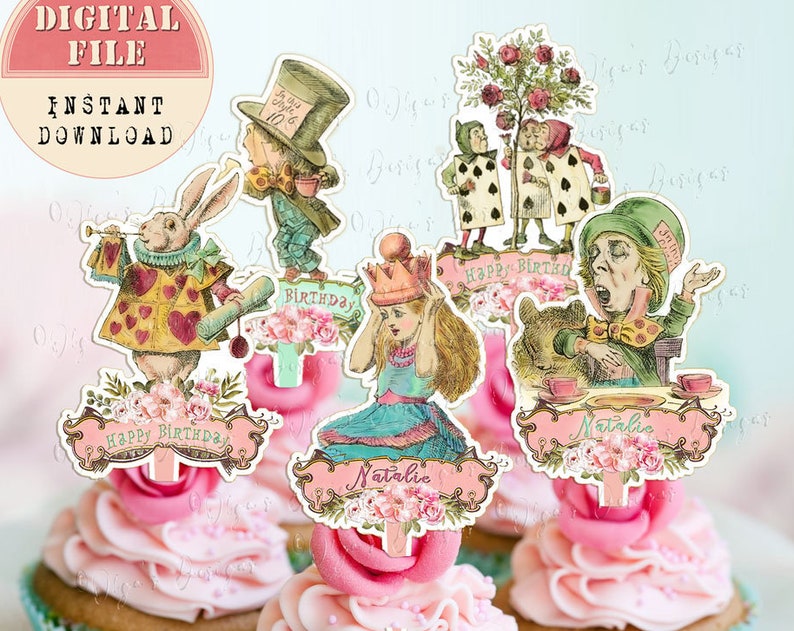 Personalized Alice in Wonderland Cupcake Topper Printable Mad Tea Party Digital Download Alice Cupcake topper No 15 Birthday