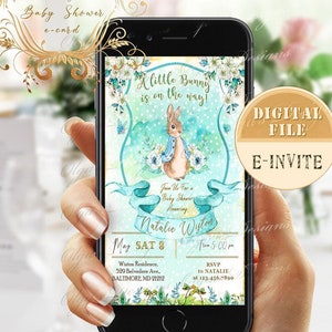 Invito digitale personalizzato per iPhone per baby shower Peter Rabbit, invito elettronico acquerello Peter Rabbit, invito per iPhone per neonato