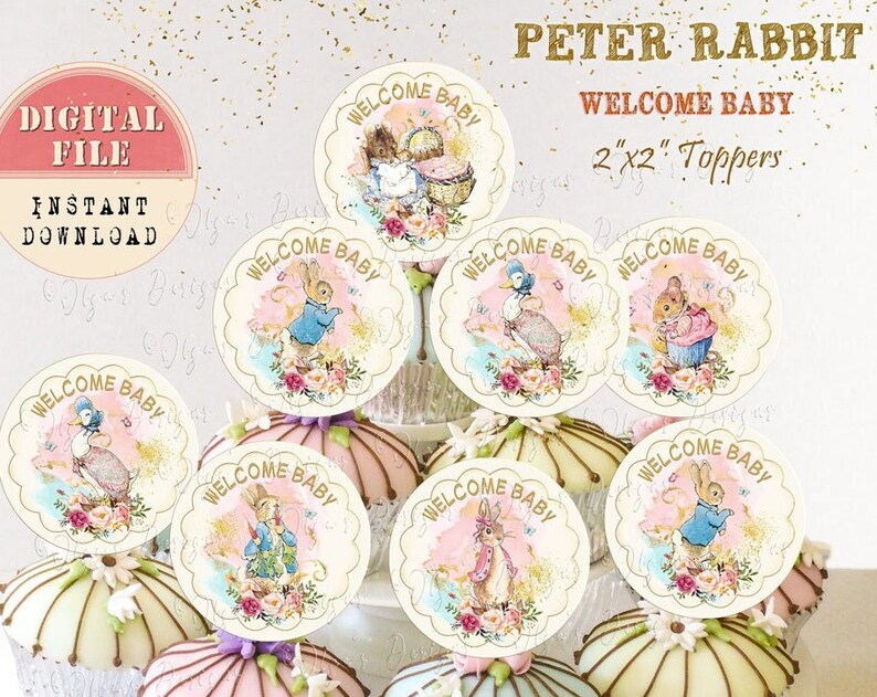 Peter Rabbit Welcome Baby Cupcake Toppers Peter Rabbit Welcome Baby Shower Peter Rabbit Baby Shower Decor Bunny 2x2 cupcake