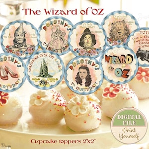 Toppers per cupcake personalizzati del Mago di Oz, festa di compleanno del Mago di Oz stampabile, topper per torte del Mago di Oz, decorazioni per compleanno del Mago di Oz