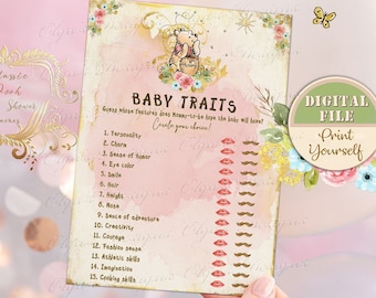 May include: A Winnie the Pooh themed baby shower game with a pink and gold background. The game asks guests to guess which traits the baby will have, with options like personality, charm, sense of humor, eye color, smile, hair, height, nose, sense of adventure, creativity, courage, fashion sense, athletic skills, imagination, and cooking skills.