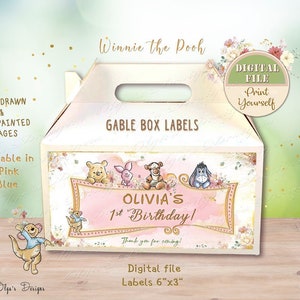 Classique Winnie l'ourson Birthday Party Gable Box Labels, Pooh 1st Party Favor Bags, Digital Winnie Birthday decor, Classic Pooh party, 09