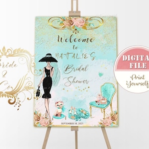 Bride & Co. Bridal Shower Welcome Sign Printable, Personalized Bride and Co Shower Decor, Audrey Hepburn Theme, Breakfast at Tiffany&#39;s Theme