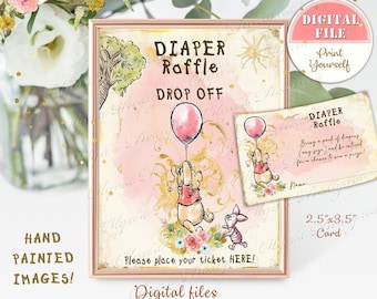 Classic Winnie the Pooh Baby Shower Table Print, Pooh Diaper Raffle Sign, Pooh Baby Shower Table Sign 8&quot;x10&quot; + 2.5&quot;x3.5&quot; Cards, P03