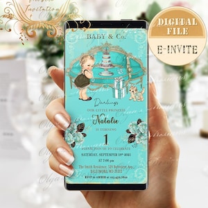 Baby & Co. Urodziny Spersonalizowane Mobilne Zaproszenie, Śniadanie u Tiffany'ego, Blue Paris Baby iPhone Zaproszenie, Tiffany and Co. Urodziny Zaproszenie