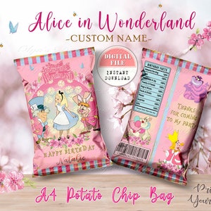 Classico sacchetto di patatine Alice nel Paese delle Meraviglie, Bomboniere personalizzate per il Mad Tea Party, Festa di compleanno di Alice n. 17, Bomboniere per feste di compleanno