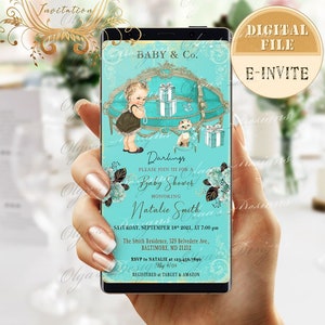 Baby & Co. Baby Shower Mobile Invitation Personalised, Breakfast at Tiffany's, Blue Paris Baby iPhone Invitation, Baby Shower e-invitation