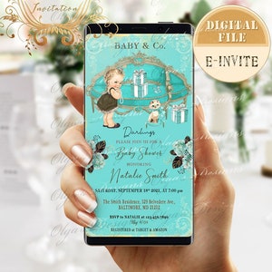 Baby &Co. Baby Shower Mobiele Uitnodiging Gepersonaliseerd, Breakfast at Tiffany's, Blue Paris Baby iPhone Uitnodiging, Baby Shower e-uitnodiging