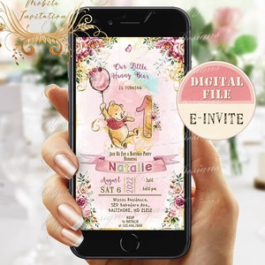 Classic Winnie the Pooh 1st Birthday Party Mobile Einladung, Winnie The Pooh Elektronische Einladung, Personalisierte iPhone Einladung Pooh 04