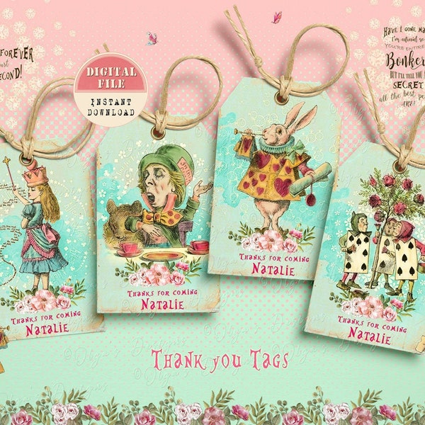 Alice in Wonderland Thank you Tags, Birthday Party Thank you Tags, Personalized Alice Thank you Printable Tags No 15, Tea party favor tags