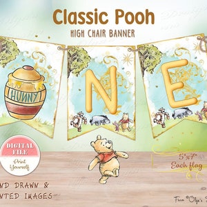 Classic Winnie the Pooh One Banner, Pooh High Chair 1st Birthday Banner, Winnie the Pooh Birthday Party decor, Winnie Party Decorations, 03