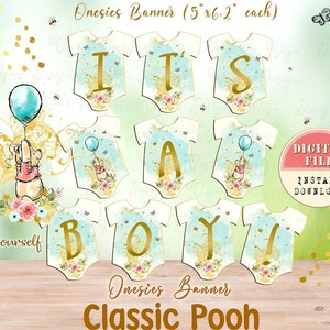 Banner clásico de Winnie the Pooh Onesies, banner de baby shower de Pooh, decoración de fiesta de baby shower de Winnie the Pooh, decoraciones de fiesta de Winnie, 03