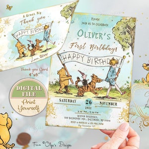 Invitación personalizada a la fiesta de cumpleaños clásica de Winnie the Pooh, tarjeta de agradecimiento, vintage Winnie the Pooh Invitación a la fiesta de cumpleaños imprimible 02
