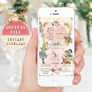 Alice in Wonderland Birthday Mobile invitation, Alice Birthday Electronic Invitation personalizzato, Alice No 19 digital iPhone invitation